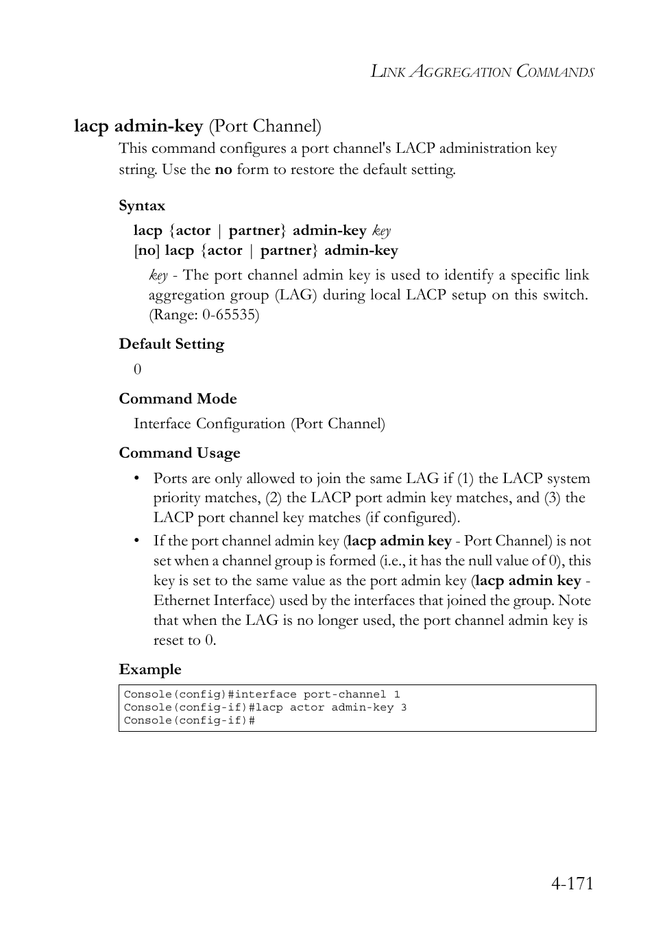 Lacp admin-key (port channel), Lacp admin-key (port channel) -171, 171 lacp admin-key (port channel) | SMC Networks TigerSwitch User Manual | Page 413 / 518