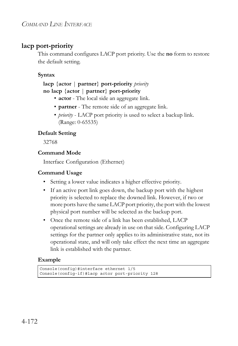 Lacp port-priority, Lacp port-priority -172, 172 lacp port-priority | SMC Networks TigerSwitch User Manual | Page 414 / 518