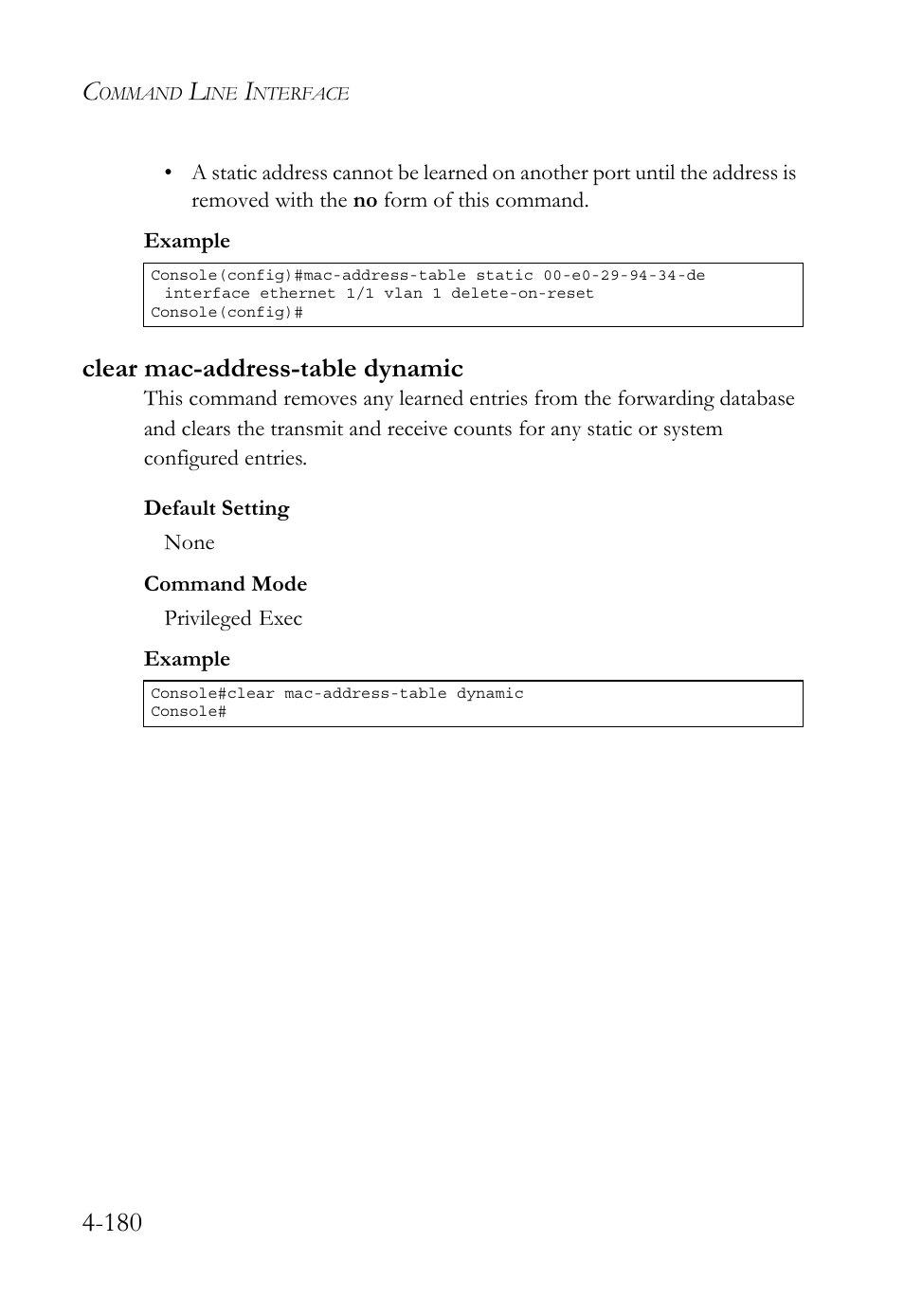 Clear mac-address-table dynamic, Clear mac-address-table dynamic -180 | SMC Networks TigerSwitch User Manual | Page 422 / 518