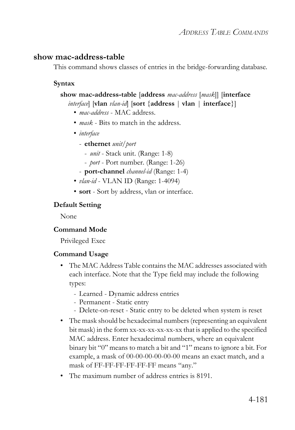 Show mac-address-table, Show mac-address-table -181, Show mac-address-table (4-181) | 181 show mac-address-table | SMC Networks TigerSwitch User Manual | Page 423 / 518
