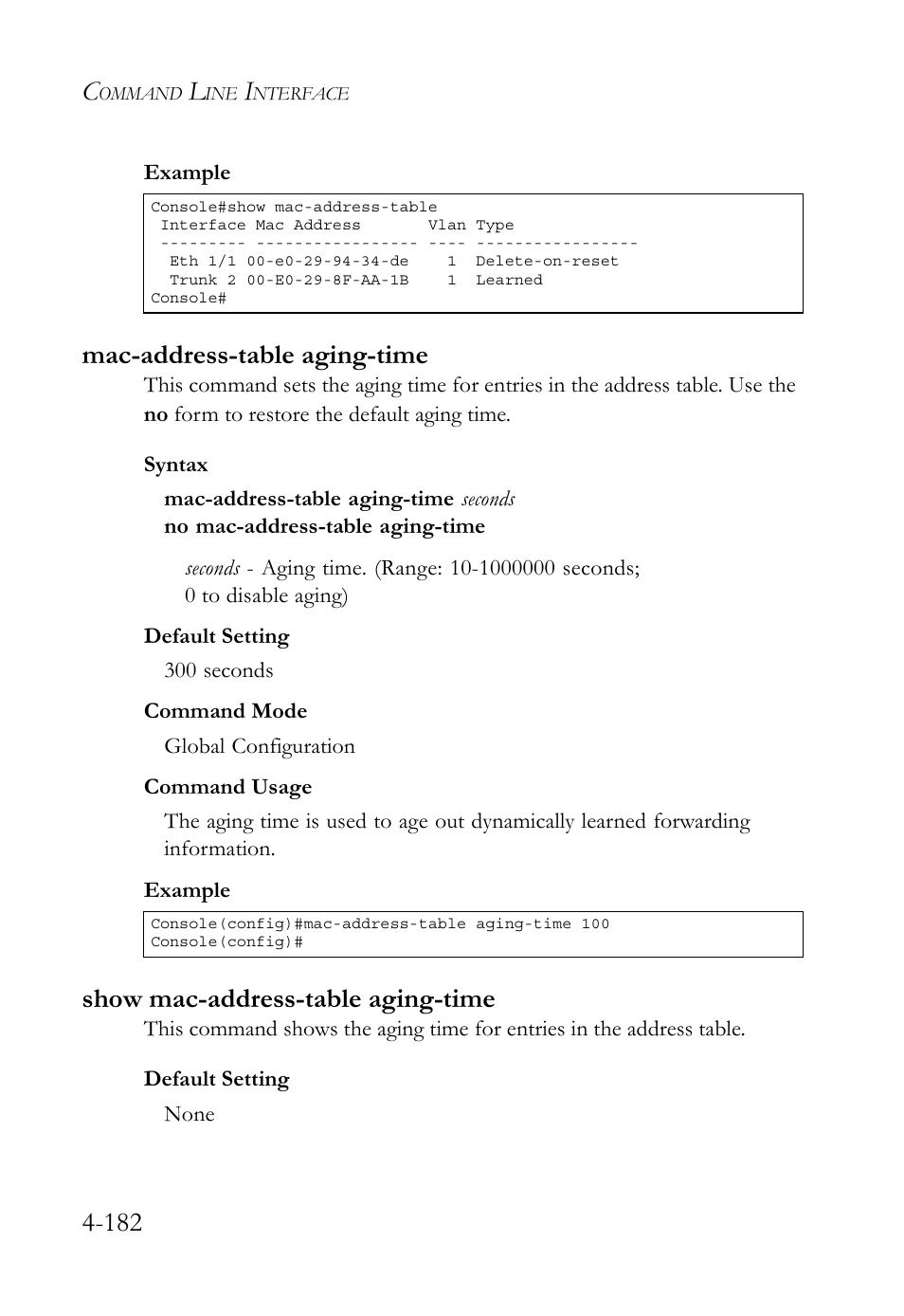 Mac-address-table aging-time, Show mac-address-table aging-time | SMC Networks TigerSwitch User Manual | Page 424 / 518