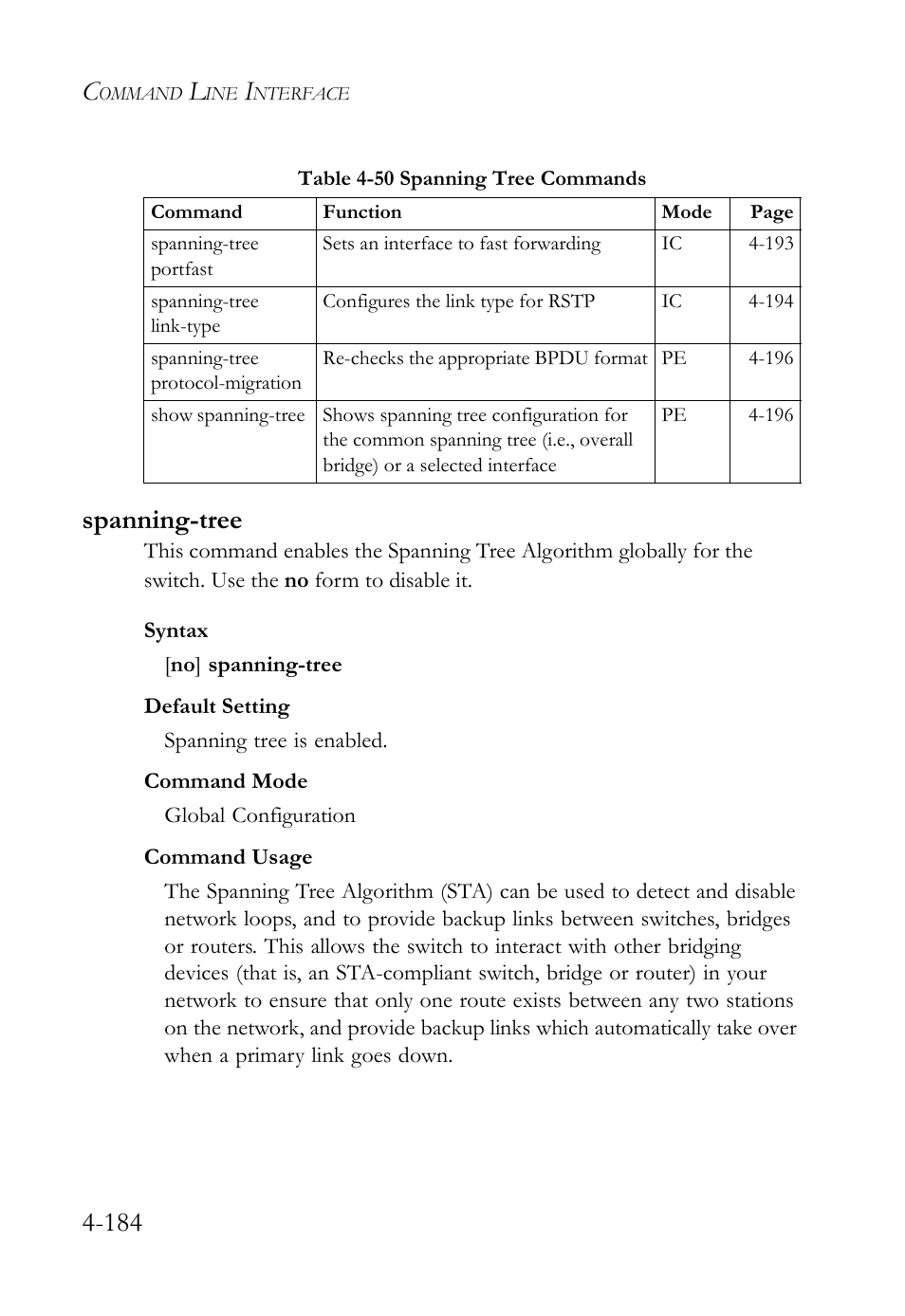 Spanning-tree, Spanning-tree -184, 184 spanning-tree | SMC Networks TigerSwitch User Manual | Page 426 / 518