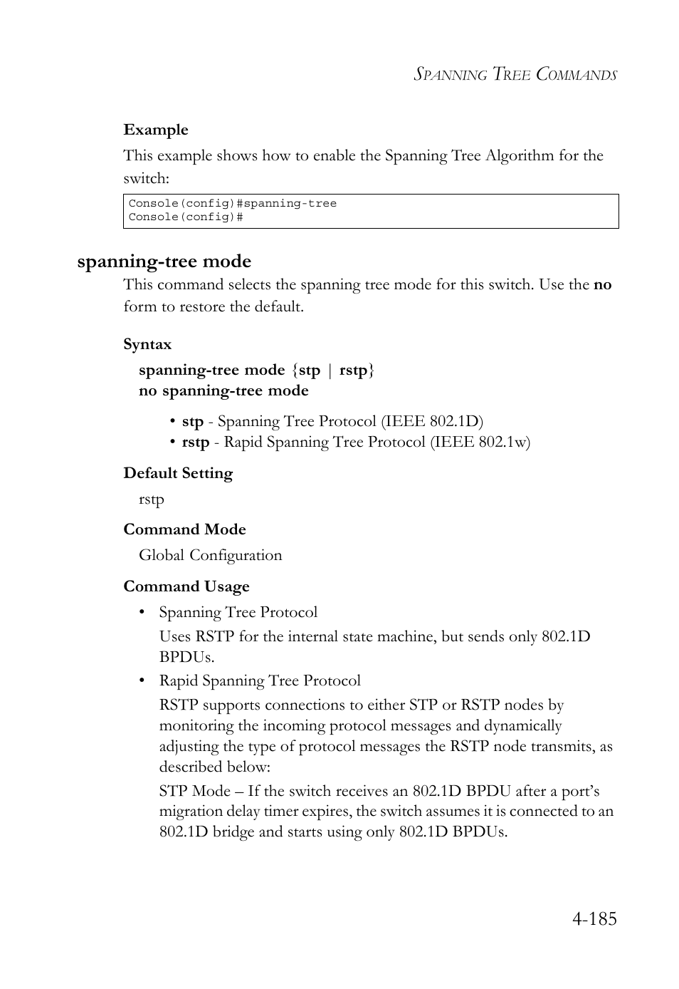 Spanning-tree mode, Spanning-tree mode -185 | SMC Networks TigerSwitch User Manual | Page 427 / 518