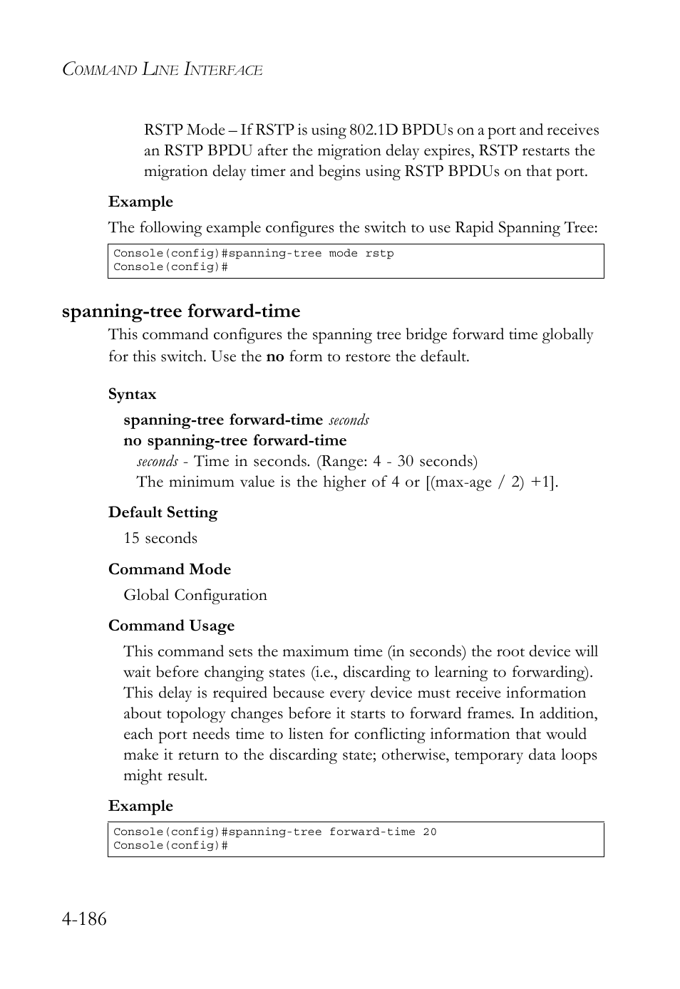 Spanning-tree forward-time, Spanning-tree forward-time -186 | SMC Networks TigerSwitch User Manual | Page 428 / 518