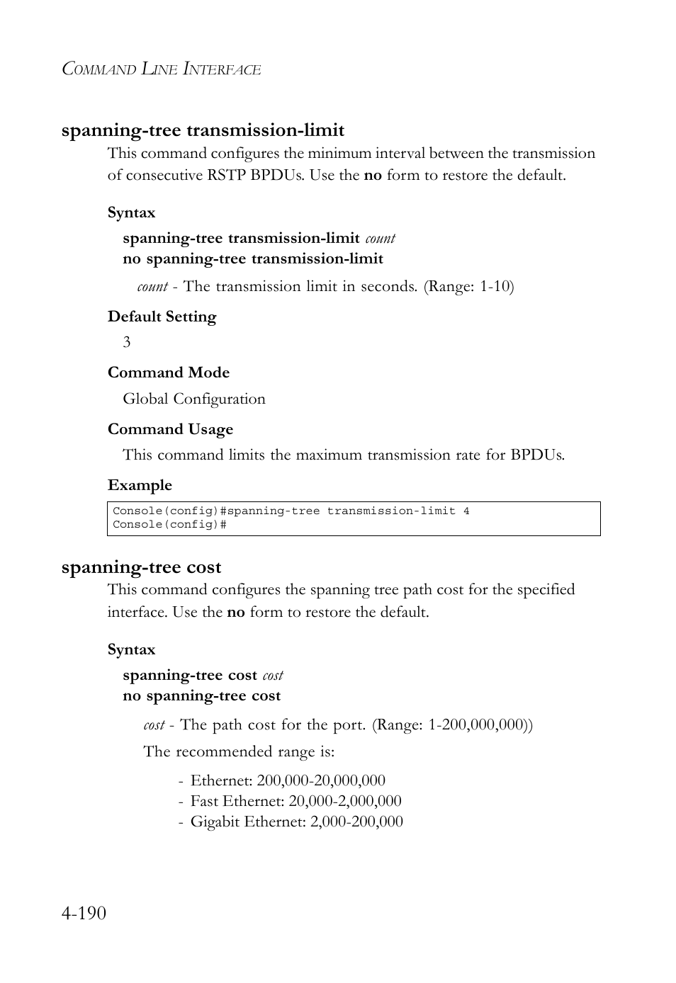 Spanning-tree transmission-limit, Spanning-tree cost, 190 spanning-tree transmission-limit | SMC Networks TigerSwitch User Manual | Page 432 / 518