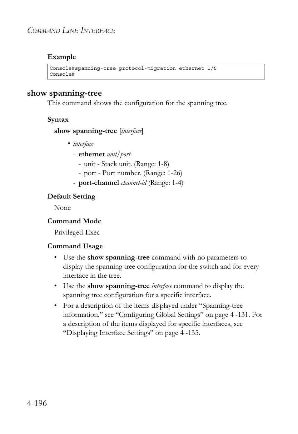 Show spanning-tree, Show spanning-tree -196 | SMC Networks TigerSwitch User Manual | Page 438 / 518