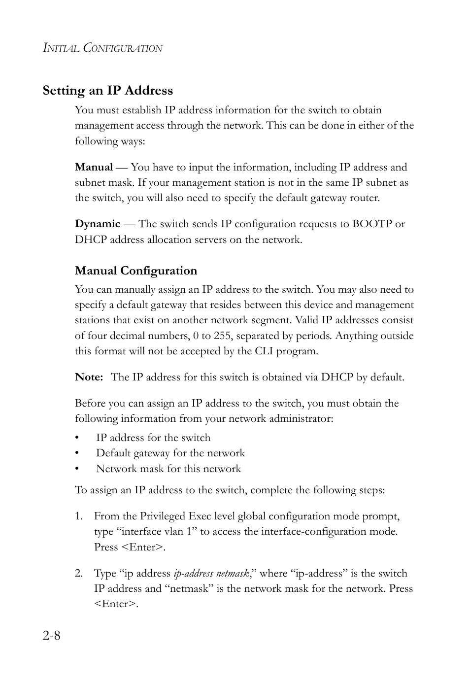 Setting an ip address, Manual configuration, Setting an ip address -8 | Manual configuration -8, 8 setting an ip address | SMC Networks TigerSwitch User Manual | Page 44 / 518