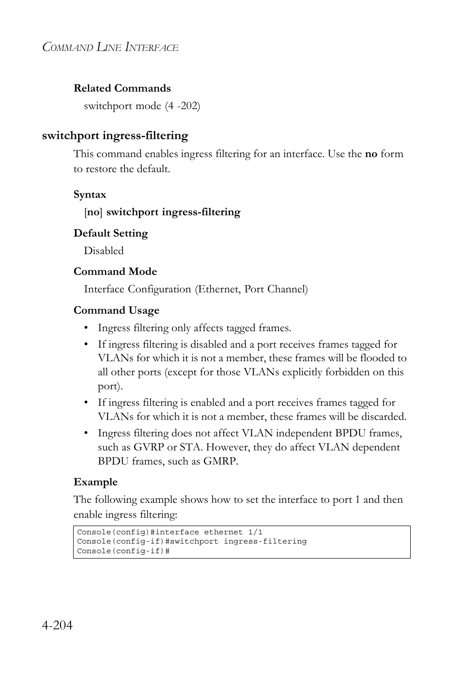 Switchport ingress-filtering, Switchport ingress-filtering -204, Age 4-204 | SMC Networks TigerSwitch User Manual | Page 446 / 518