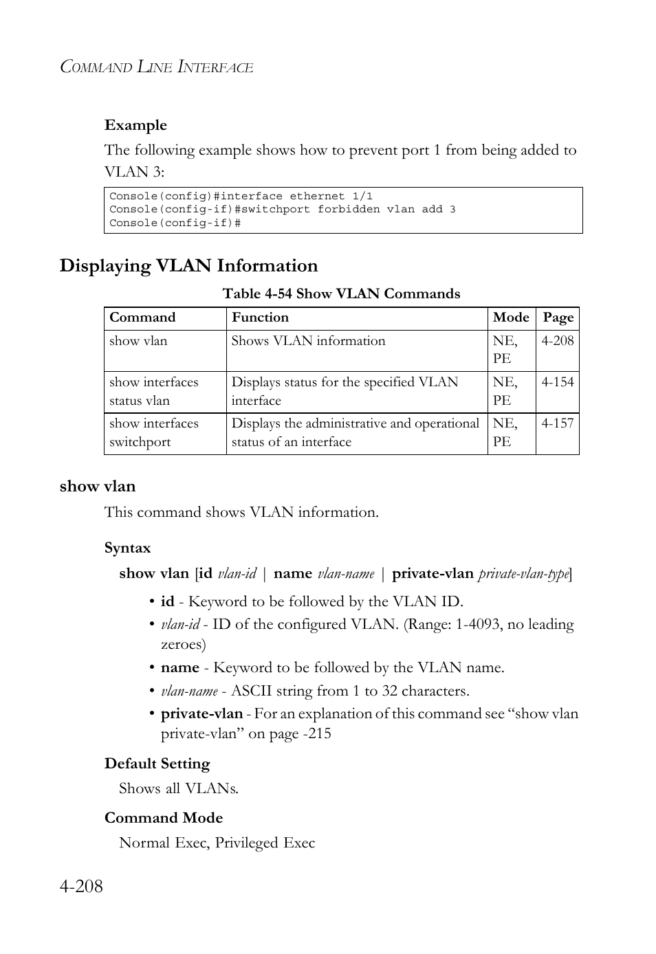 Displaying vlan information, Show vlan, Displaying vlan information -208 | Show vlan -208, Table 4-54 show vlan commands -208 | SMC Networks TigerSwitch User Manual | Page 450 / 518