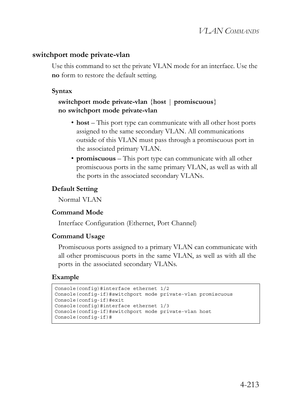 Switchport mode private-vlan, Switchport mode private-vlan -213, E (4-213) | Vlan c | SMC Networks TigerSwitch User Manual | Page 455 / 518