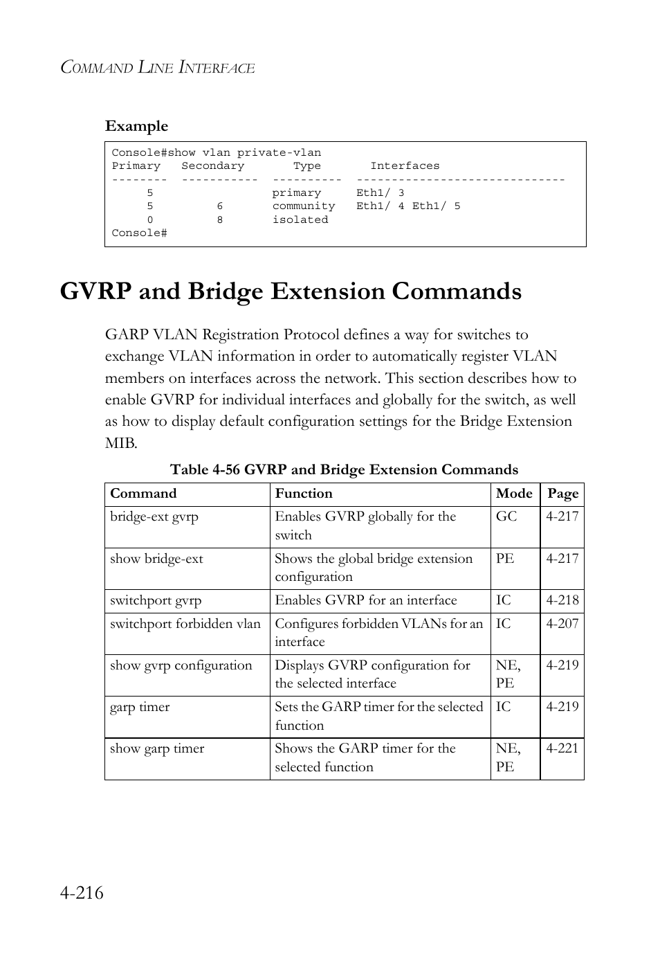 Gvrp and bridge extension commands, Gvrp and bridge extension commands -216, Table 4-56 gvrp and bridge extension commands -216 | SMC Networks TigerSwitch User Manual | Page 458 / 518