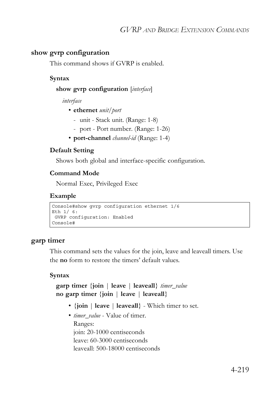 Show gvrp configuration, Garp timer, Show gvrp configuration -219 garp timer -219 | Gvrp | SMC Networks TigerSwitch User Manual | Page 461 / 518