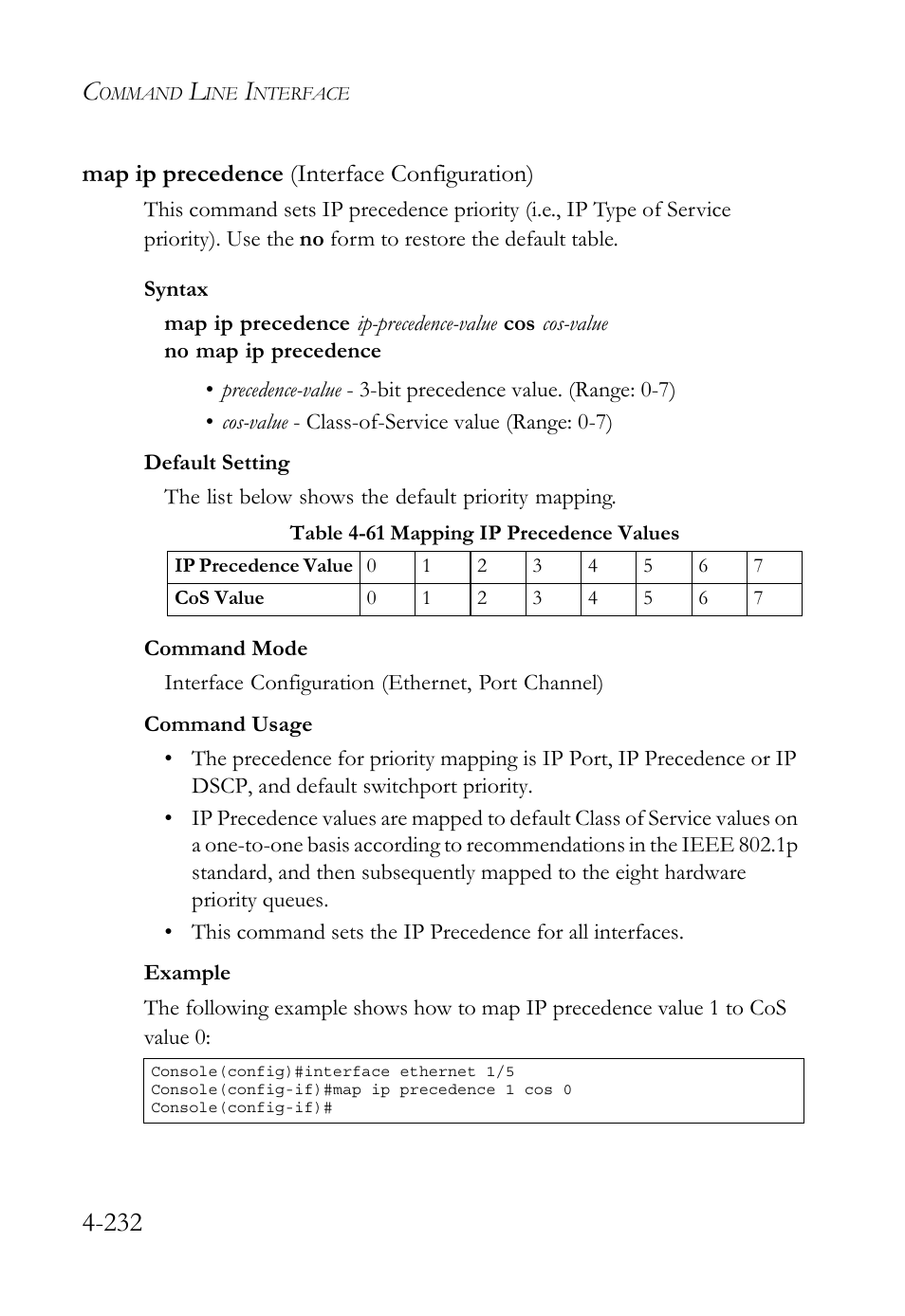 Map ip precedence (interface configuration), Map ip precedence (interface configuration) -232, Table 4-61 mapping ip precedence values -232 | SMC Networks TigerSwitch User Manual | Page 474 / 518