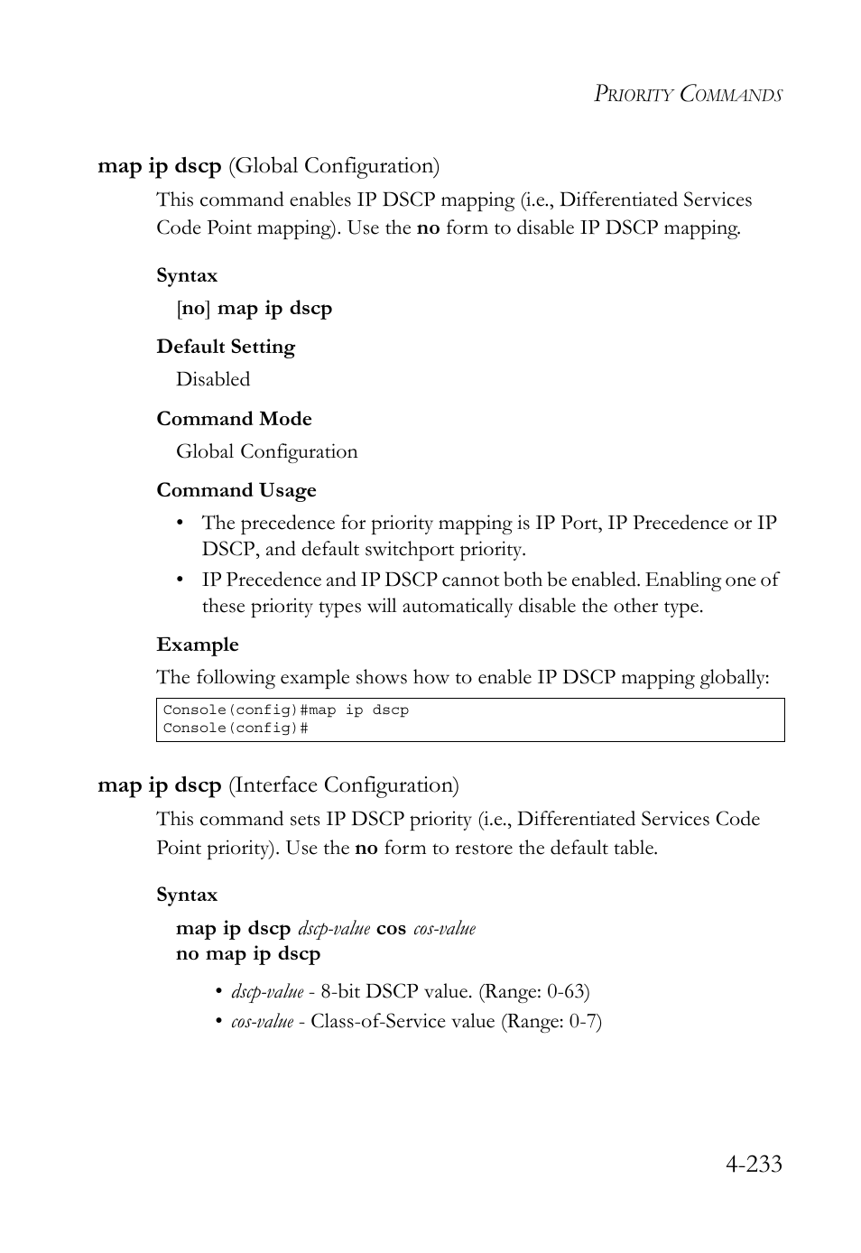 Map ip dscp (global configuration), Map ip dscp (interface configuration), Map ip dscp (global configuration) -233 | Map ip dscp (interface configuration) -233 | SMC Networks TigerSwitch User Manual | Page 475 / 518