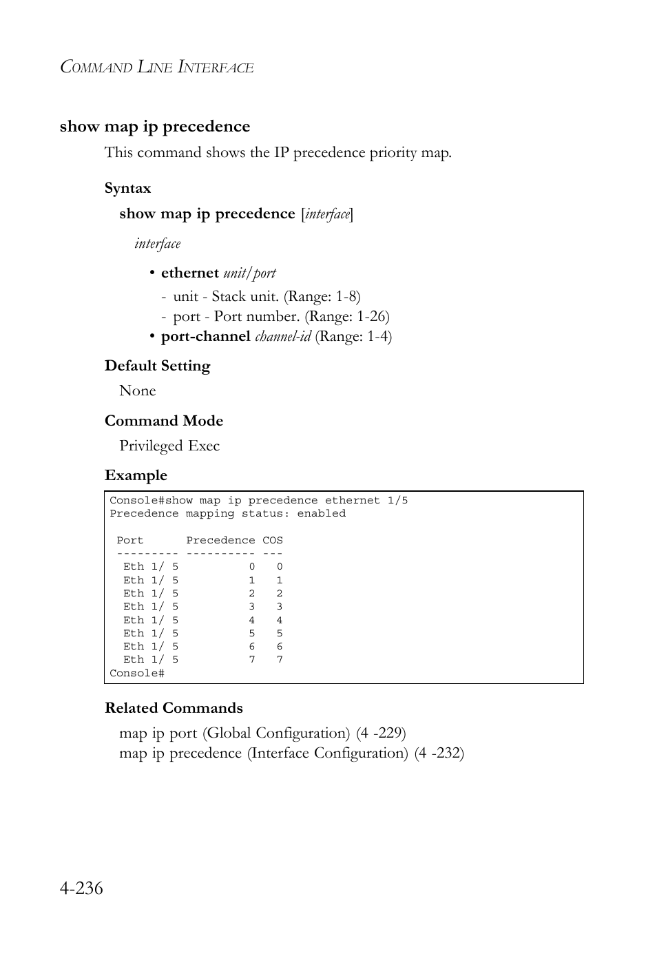Show map ip precedence, Show map ip precedence -236 | SMC Networks TigerSwitch User Manual | Page 478 / 518