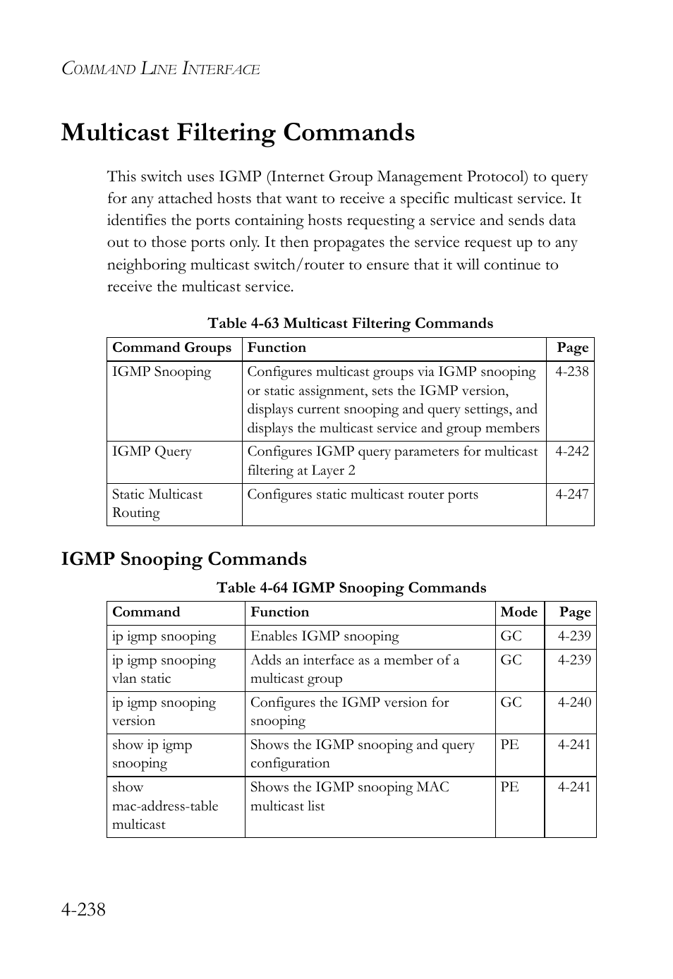 Multicast filtering commands, Igmp snooping commands, Multicast filtering commands -238 | Igmp snooping commands -238 | SMC Networks TigerSwitch User Manual | Page 480 / 518