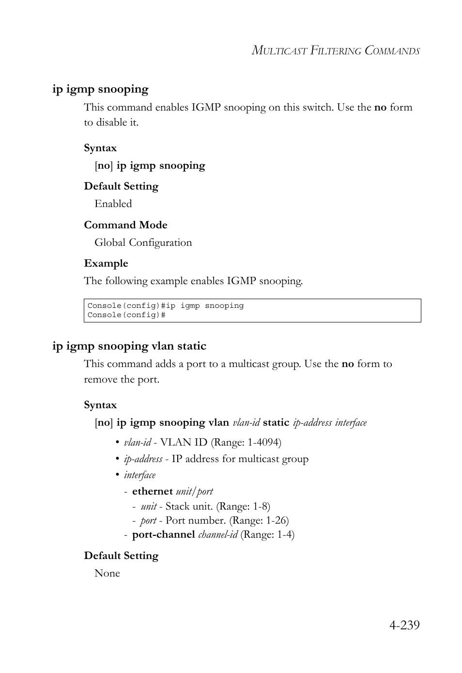 Ip igmp snooping, Ip igmp snooping vlan static | SMC Networks TigerSwitch User Manual | Page 481 / 518
