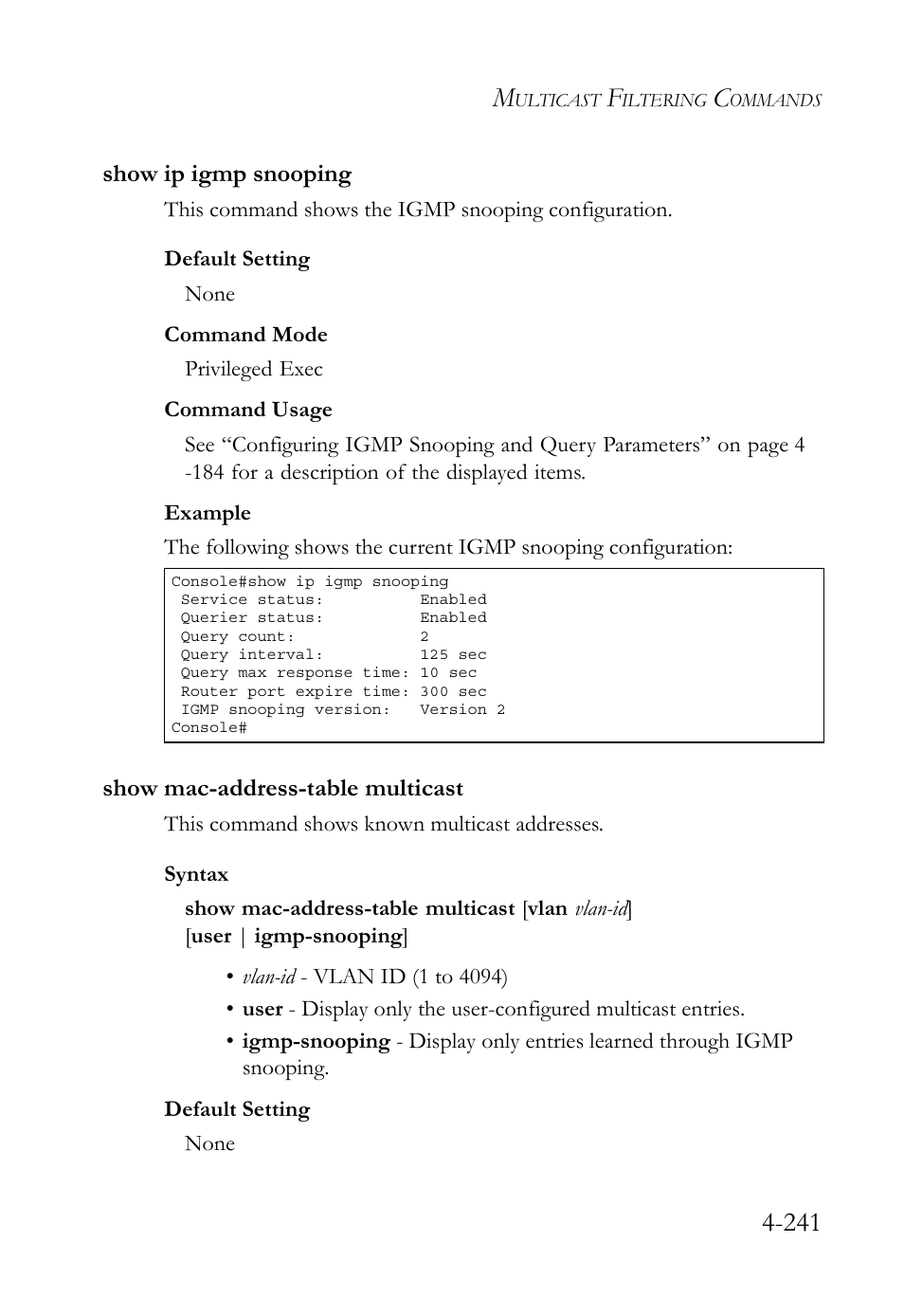 Show ip igmp snooping, Show mac-address-table multicast | SMC Networks TigerSwitch User Manual | Page 483 / 518