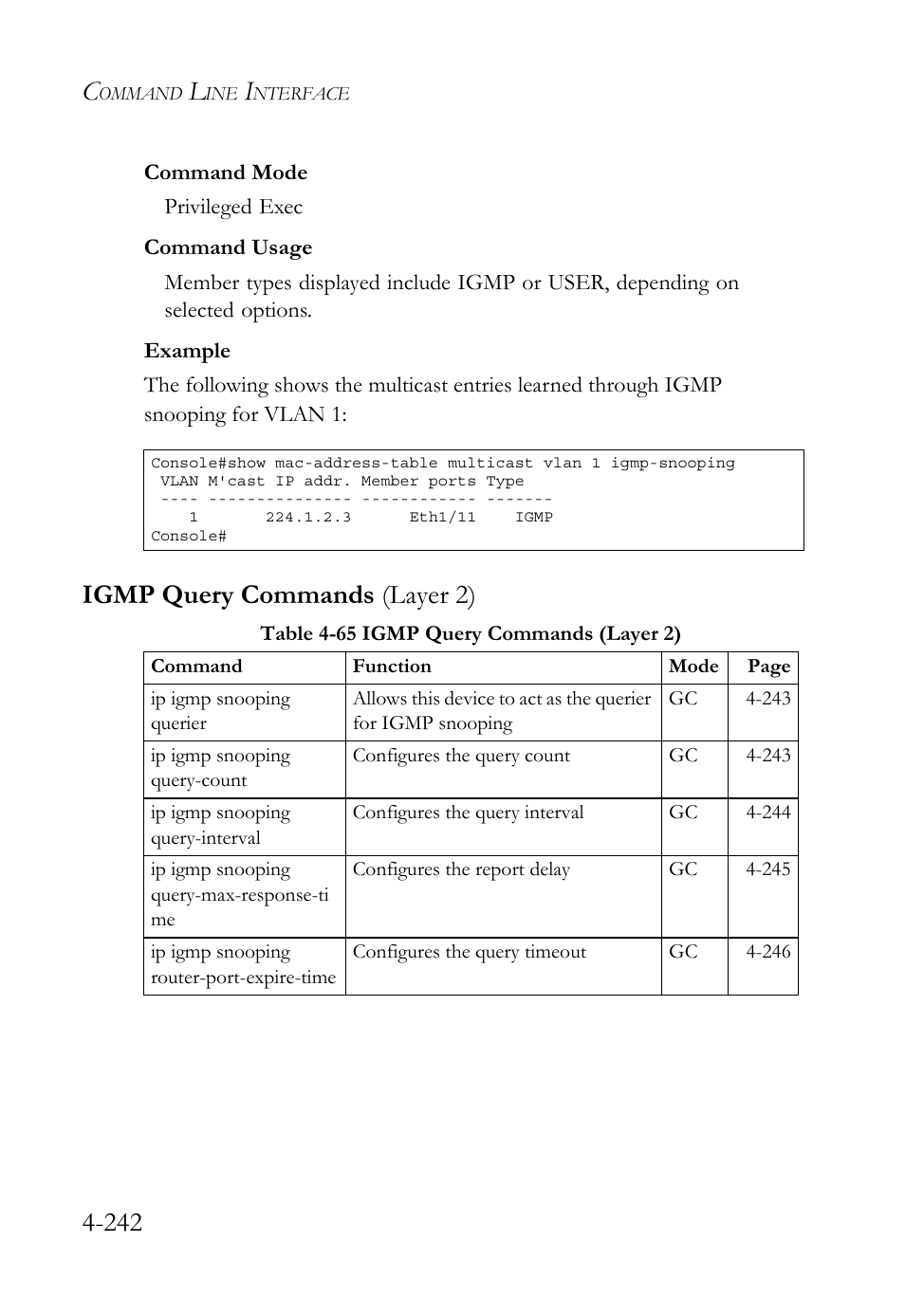 Igmp query commands (layer 2), Igmp query commands (layer 2) -242, Table 4-65 igmp query commands (layer 2) -242 | SMC Networks TigerSwitch User Manual | Page 484 / 518