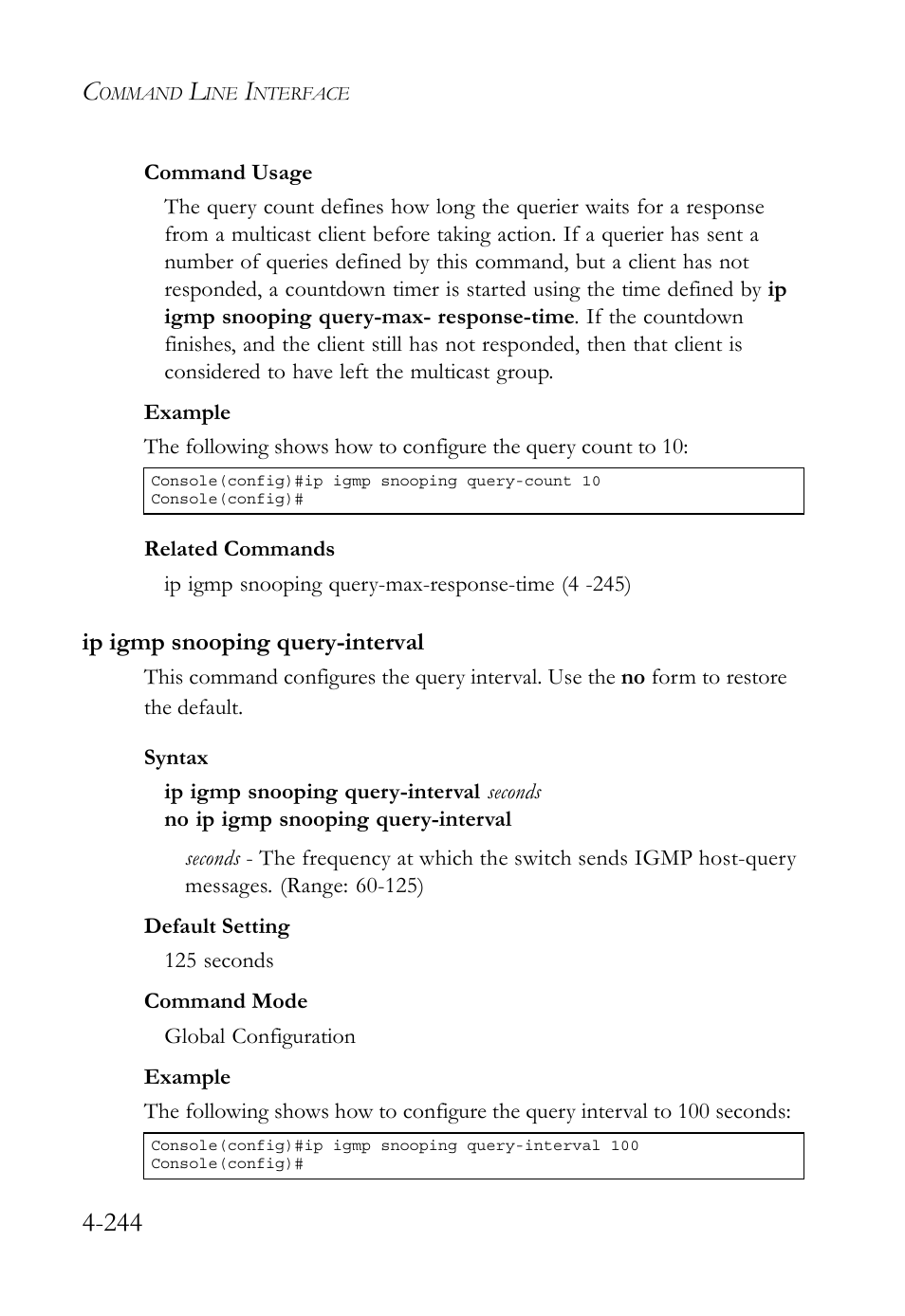 Ip igmp snooping query-interval, Ip igmp snooping query-interval -244 | SMC Networks TigerSwitch User Manual | Page 486 / 518