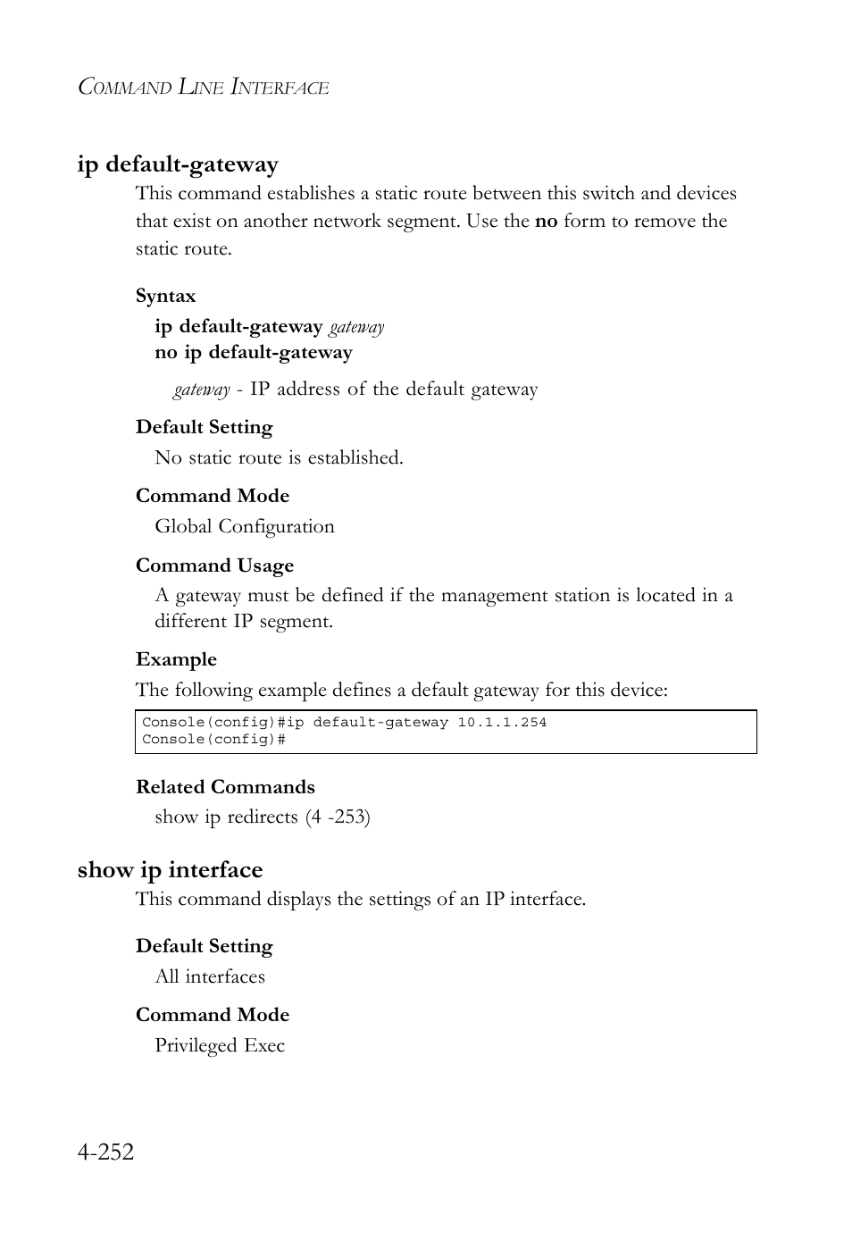 Ip default-gateway, Show ip interface, Ip default-gateway -252 show ip interface -252 | 252 ip default-gateway | SMC Networks TigerSwitch User Manual | Page 494 / 518