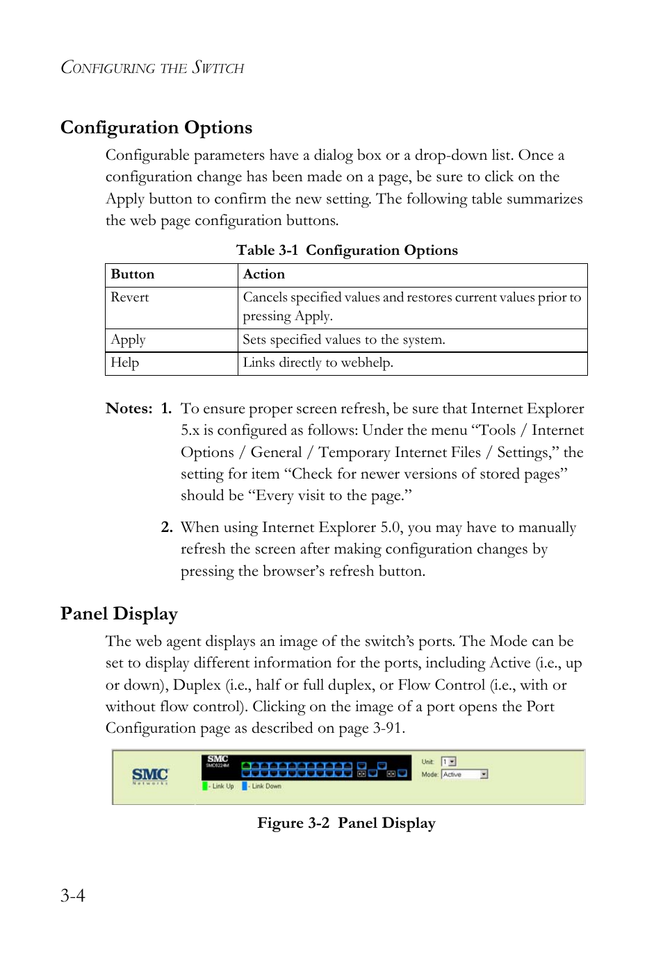 Configuration options, Panel display, Configuration options -4 panel display -4 | Table 3-1, Configuration options -4, Figure 3-2, Panel display -4, 4 configuration options | SMC Networks TigerSwitch User Manual | Page 54 / 518