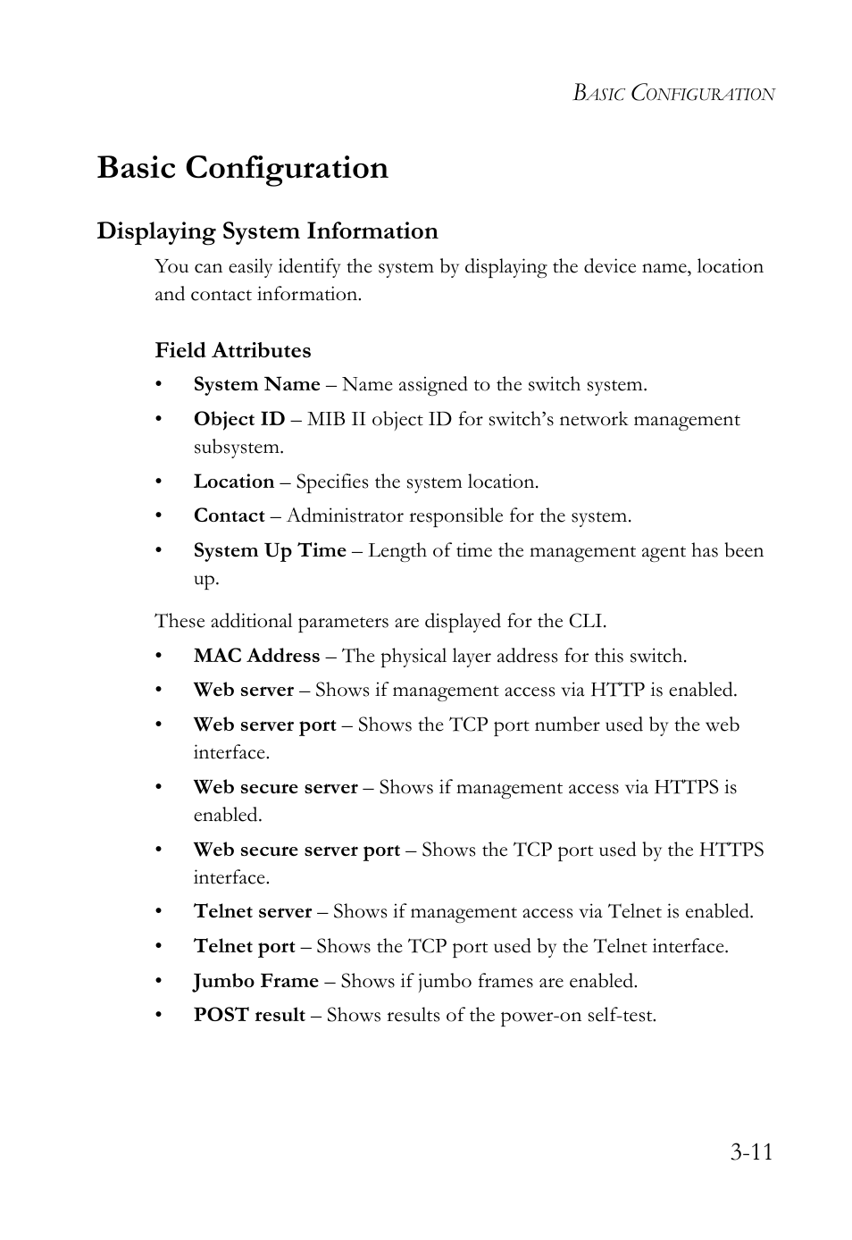 Basic configuration, Displaying system information, Basic configuration -11 | Displaying system information -11 | SMC Networks TigerSwitch User Manual | Page 61 / 518