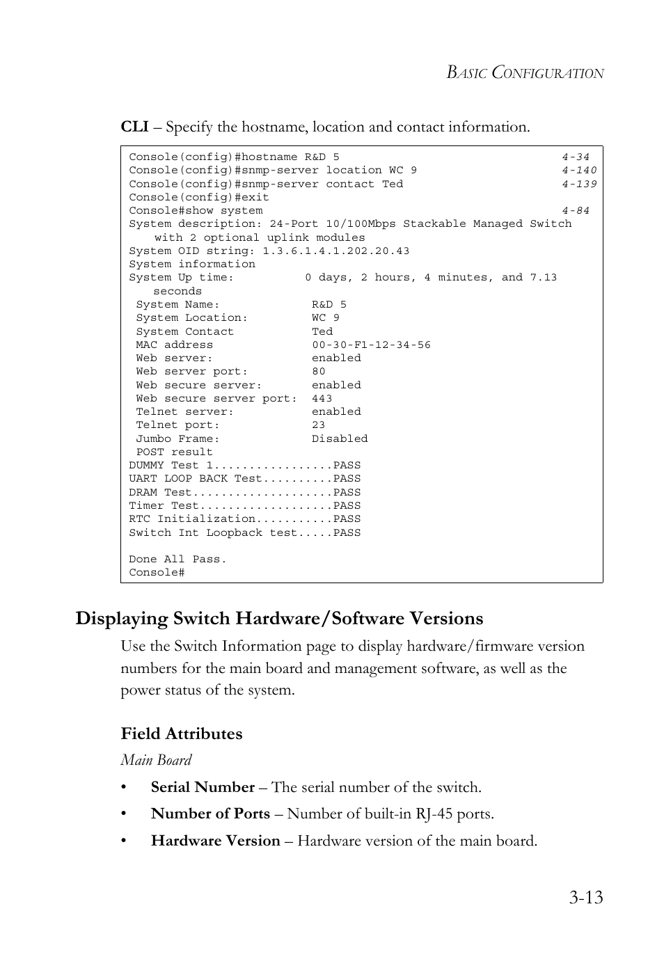 Displaying switch hardware/software versions, Displaying switch hardware/software versions -13, Field attributes | SMC Networks TigerSwitch User Manual | Page 63 / 518