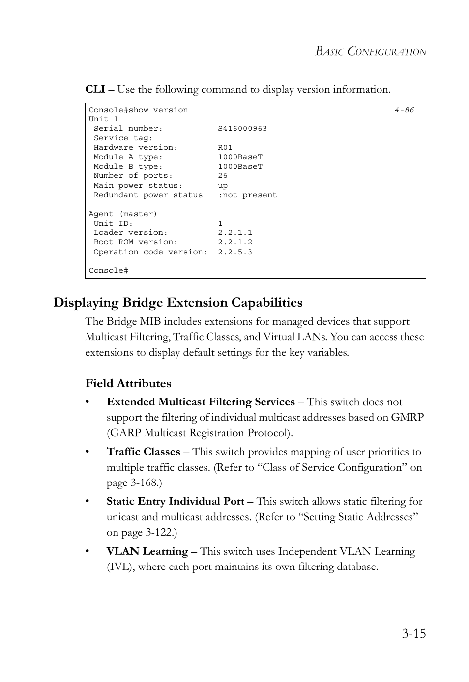 Displaying bridge extension capabilities, Displaying bridge extension capabilities -15, Field attributes | SMC Networks TigerSwitch User Manual | Page 65 / 518