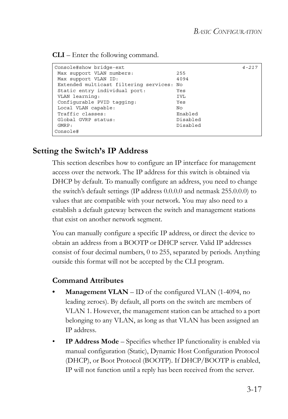 Setting the switch’s ip address, Setting the switch’s ip address -17, Command attributes | SMC Networks TigerSwitch User Manual | Page 67 / 518