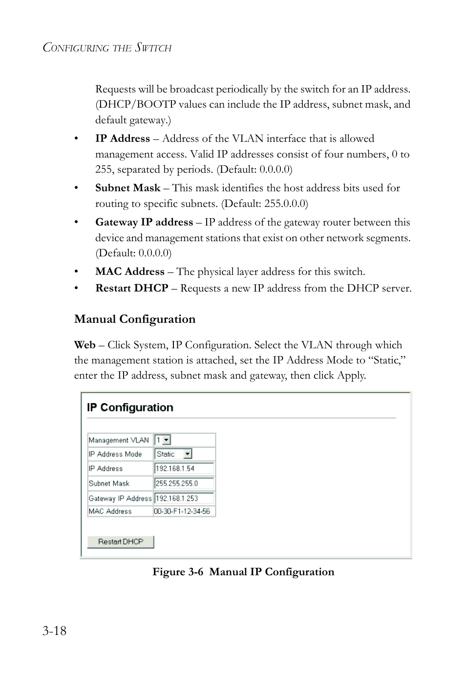 Manual configuration, Manual configuration -18, Figure 3-6 | Manual ip configuration -18 | SMC Networks TigerSwitch User Manual | Page 68 / 518