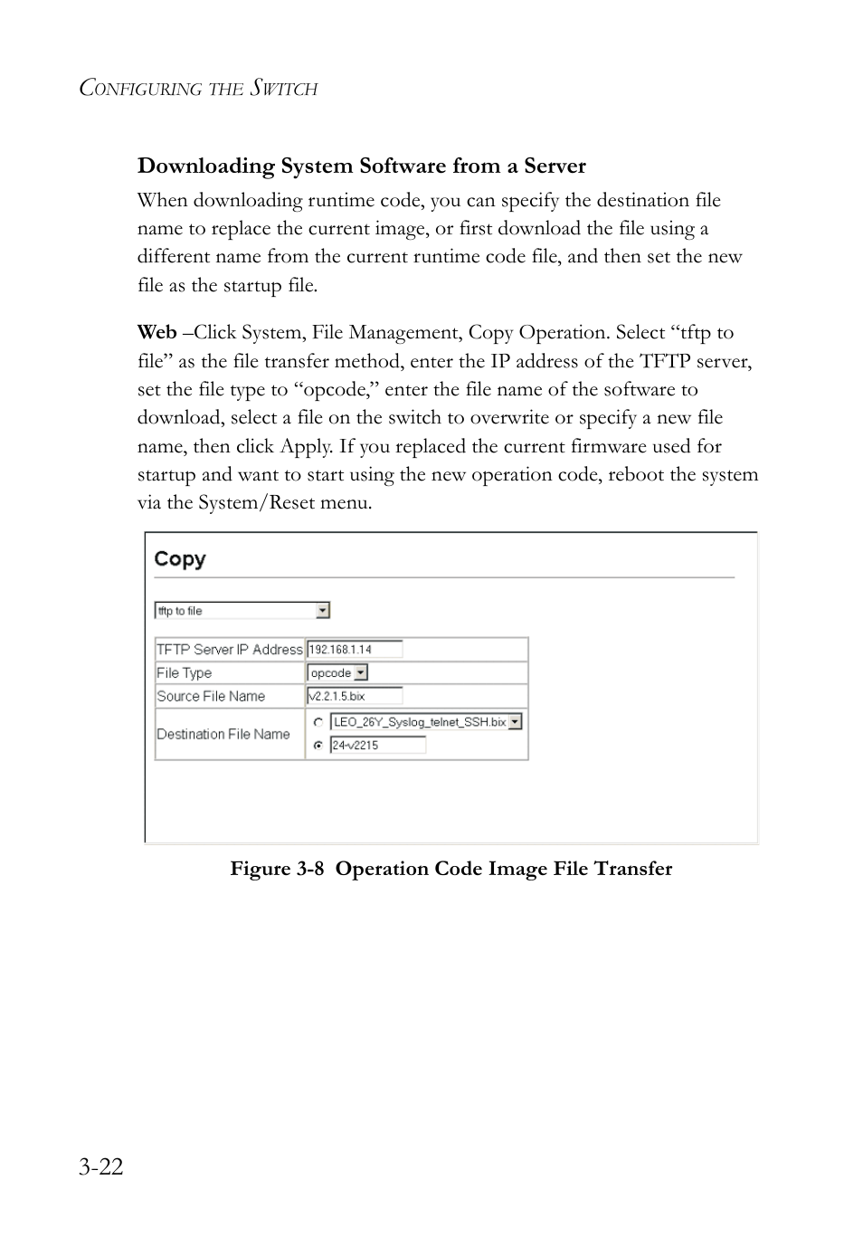 Downloading system software from a server, Downloading system software from a server -22, Figure 3-8 | Operation code image file transfer -22 | SMC Networks TigerSwitch User Manual | Page 72 / 518