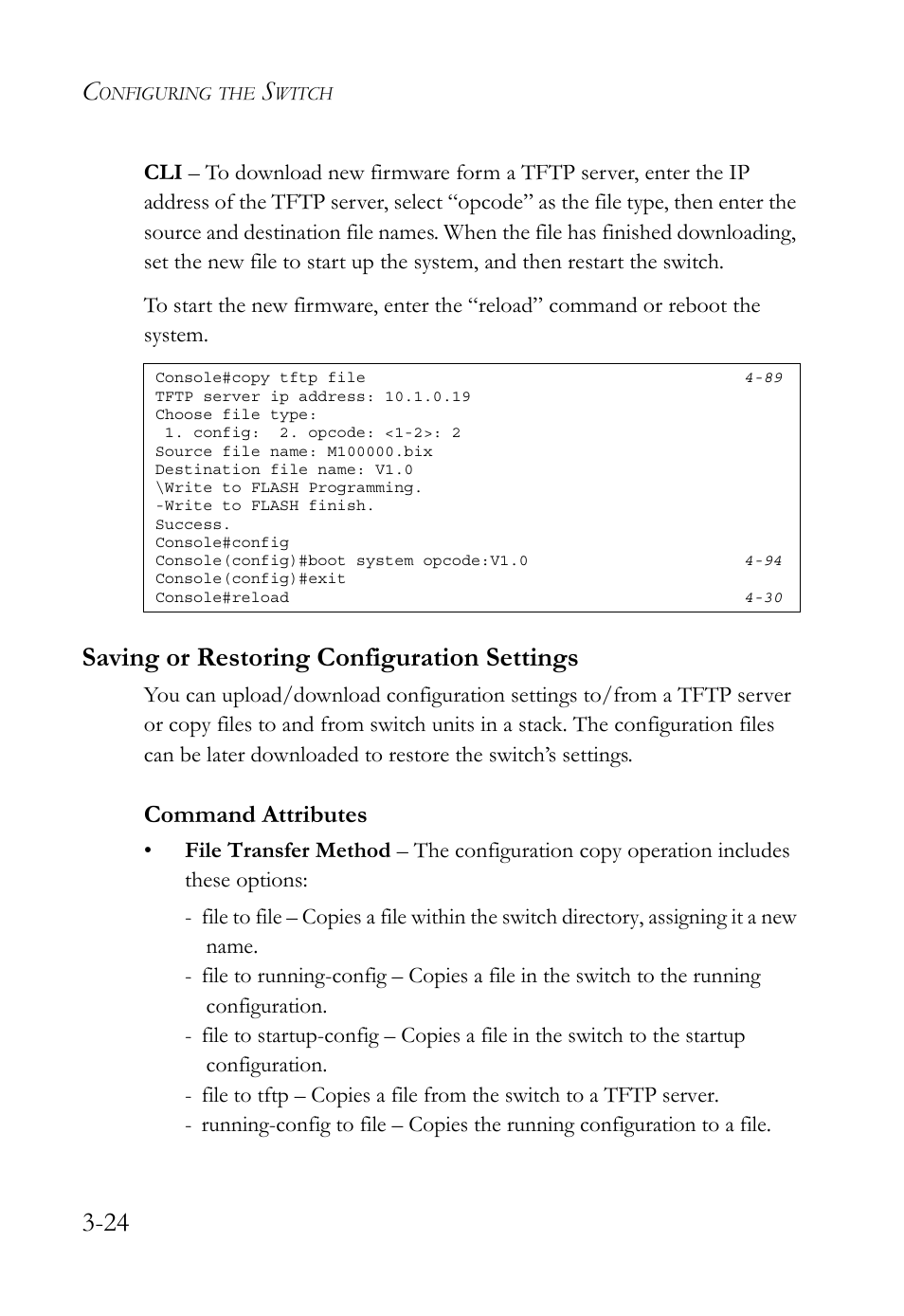 Saving or restoring configuration settings, Saving or restoring configuration settings -24, Command attributes | SMC Networks TigerSwitch User Manual | Page 74 / 518