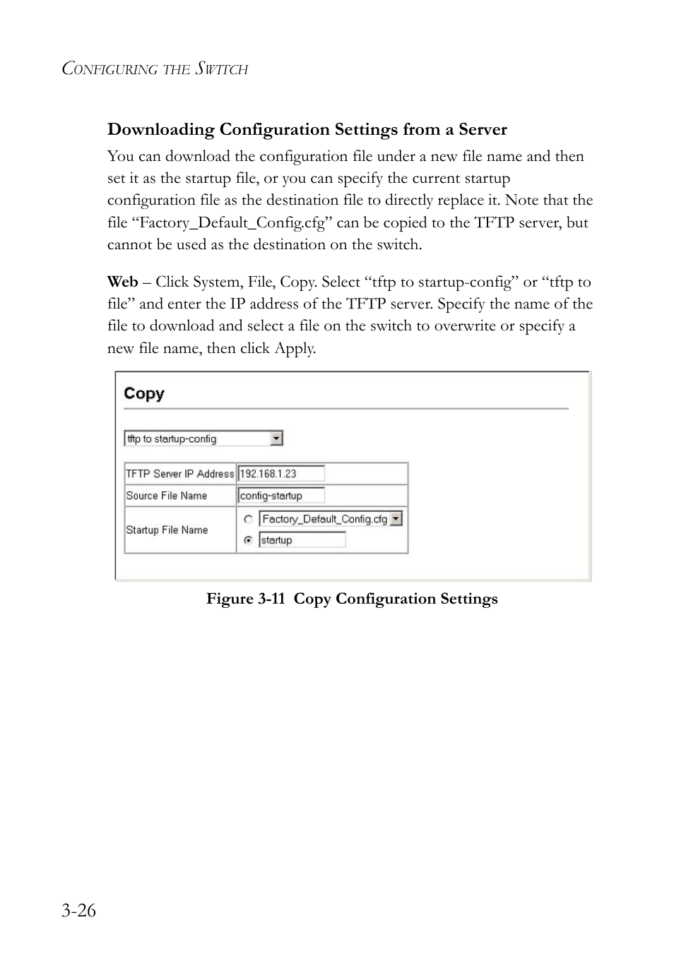 Downloading configuration settings from a server, Figure 3-11 copy configuration settings -26 | SMC Networks TigerSwitch User Manual | Page 76 / 518