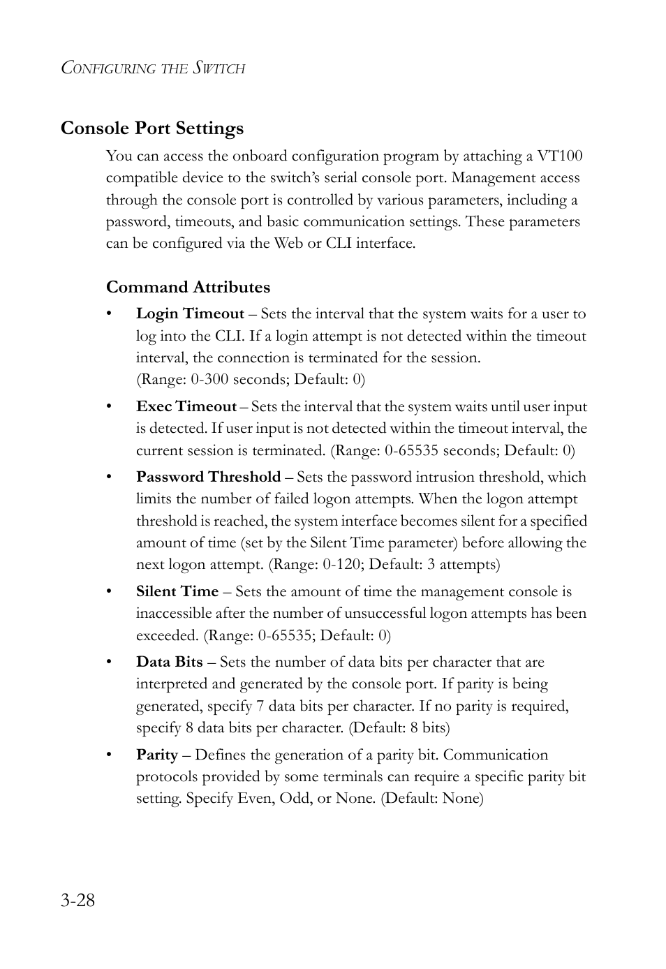 Console port settings, Console port settings -28, 28 console port settings | SMC Networks TigerSwitch User Manual | Page 78 / 518