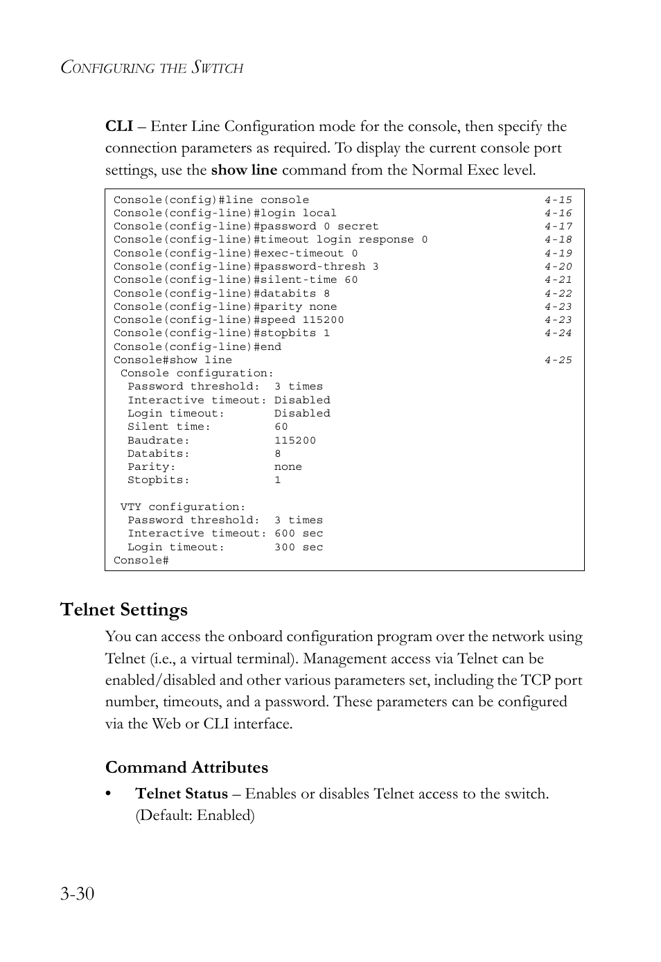 Telnet settings, Telnet settings -30, Command attributes | SMC Networks TigerSwitch User Manual | Page 80 / 518