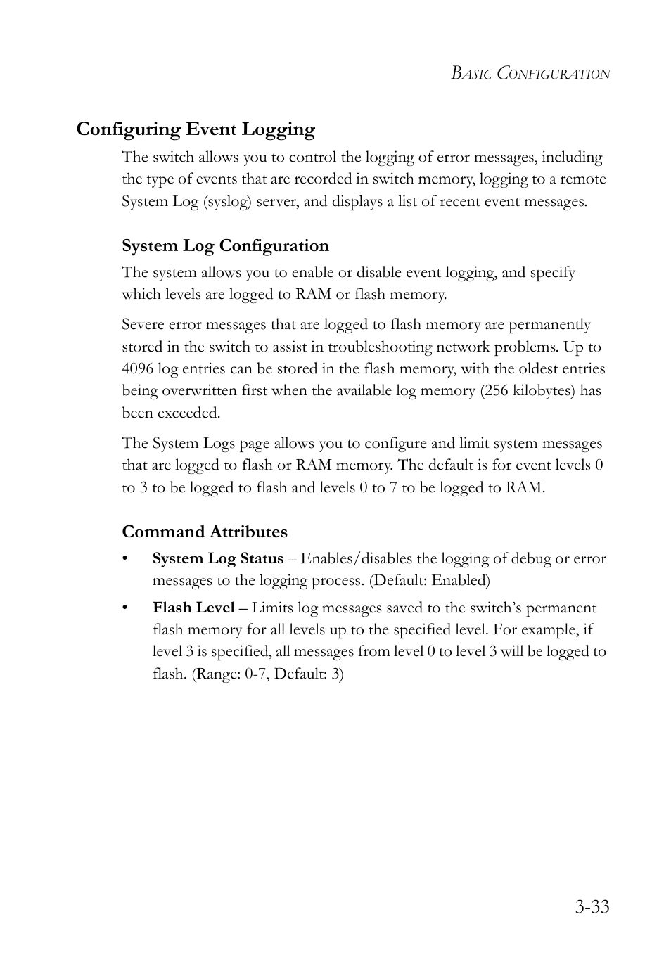 Configuring event logging, System log configuration, Configuring event logging -33 | System log configuration -33, 33 configuring event logging | SMC Networks TigerSwitch User Manual | Page 83 / 518