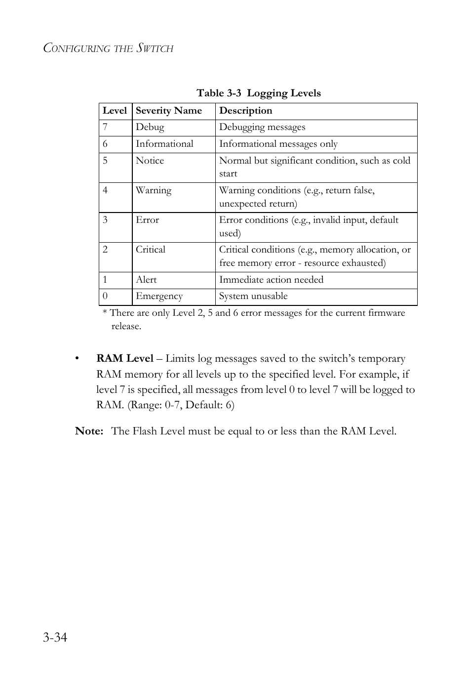 Table 3-3, Logging levels -34 | SMC Networks TigerSwitch User Manual | Page 84 / 518