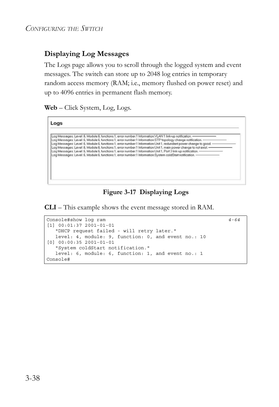 Displaying log messages, Displaying log messages -38, Figure 3-17 displaying logs -38 | SMC Networks TigerSwitch User Manual | Page 88 / 518
