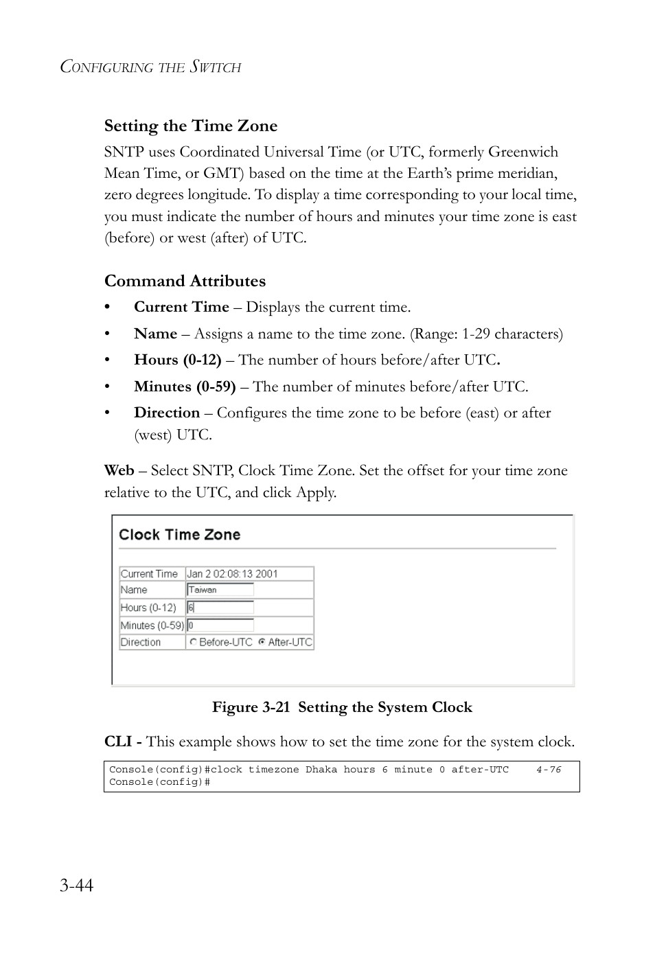 Setting the time zone, Setting the time zone -44, Figure 3-21 setting the system clock -44 | SMC Networks TigerSwitch User Manual | Page 94 / 518