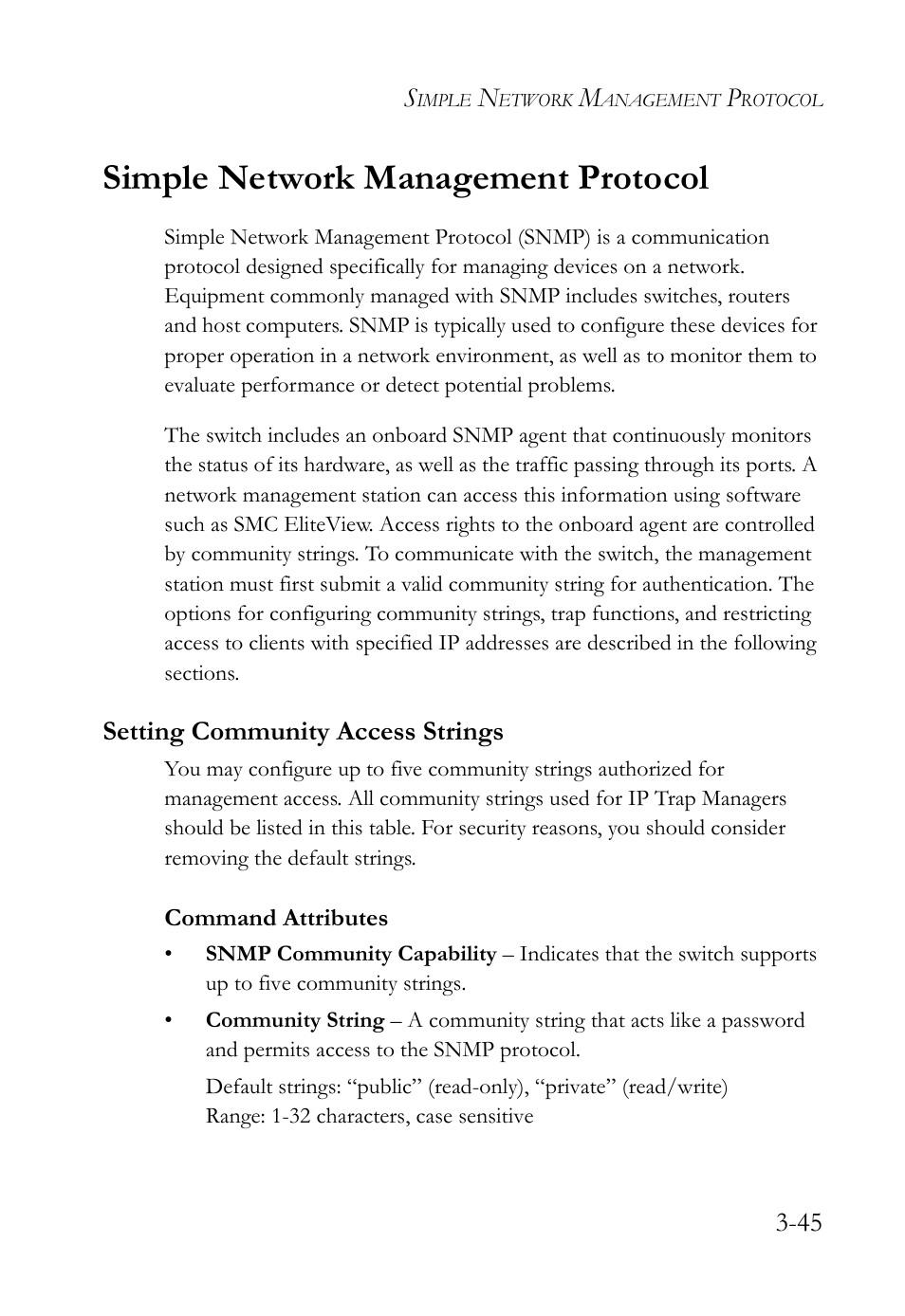 Simple network management protocol, Setting community access strings, Simple network management protocol -45 | Setting community access strings -45 | SMC Networks TigerSwitch User Manual | Page 95 / 518