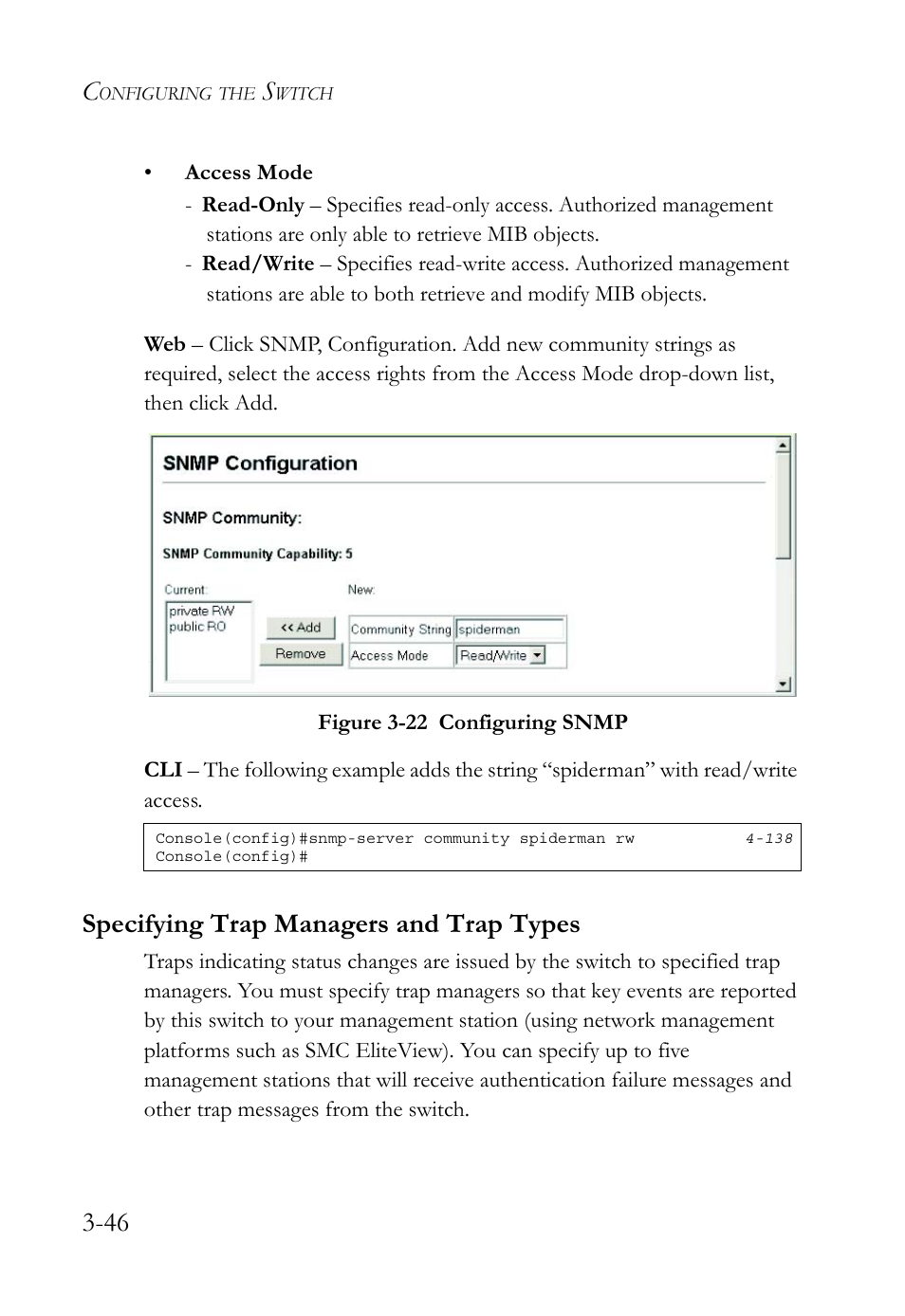 Specifying trap managers and trap types, Specifying trap managers and trap types -46, Figure 3-22 configuring snmp -46 | SMC Networks TigerSwitch User Manual | Page 96 / 518