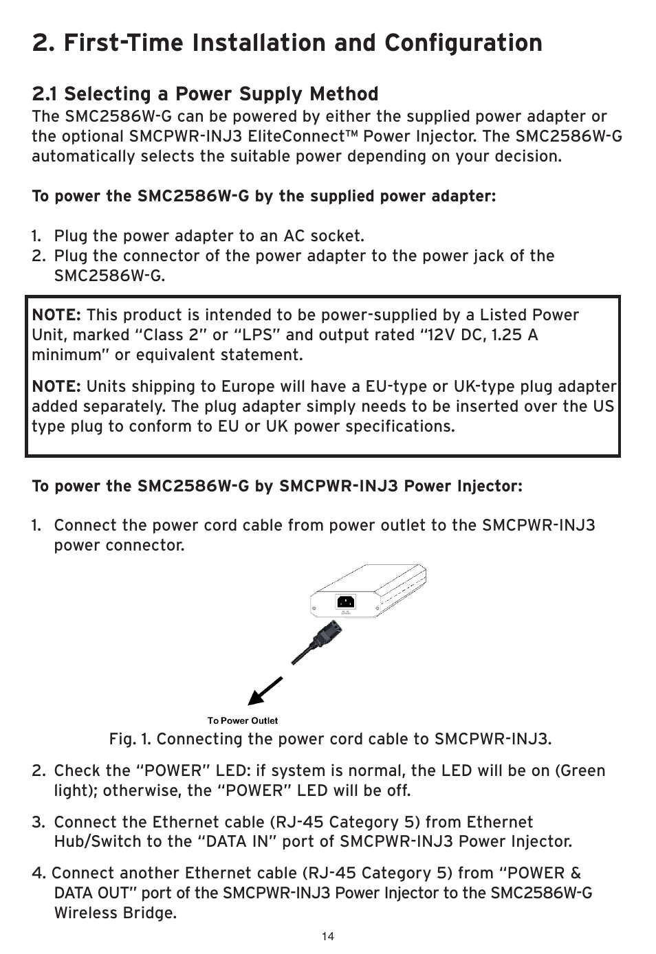 First-time installation and configuration, 1 selecting a power supply method | SMC Networks SMC2586W-G User Manual | Page 15 / 96