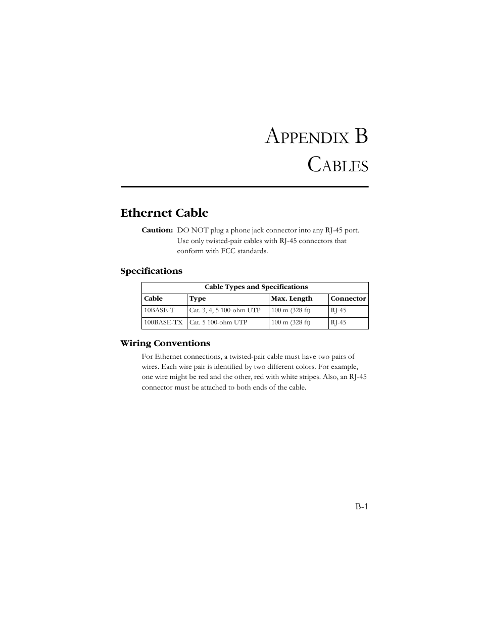 Appendix b cables, Ethernet cable, Specifications | Wiring conventions, Ppendix, Ables | SMC Networks AR4505GW User Manual | Page 103 / 116