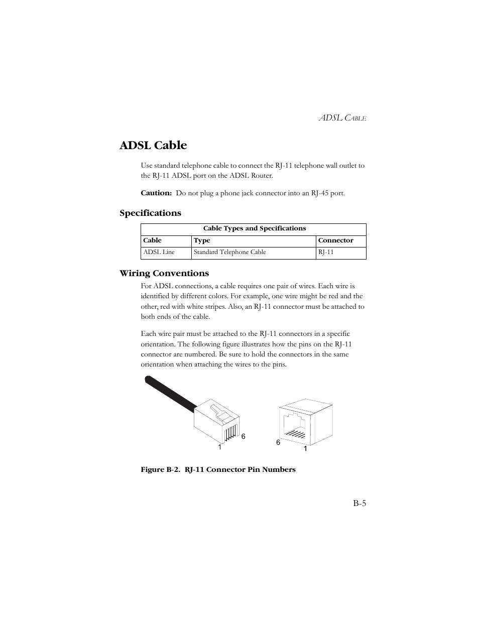 Adsl cable, Specifications, Wiring conventions | SMC Networks AR4505GW User Manual | Page 107 / 116