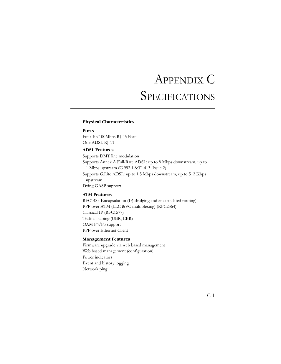 Appendix c specifications, Ppendix, Pecifications | SMC Networks AR4505GW User Manual | Page 109 / 116