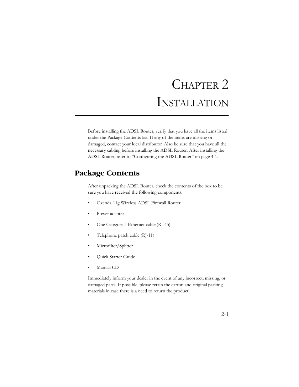 Chapter 2 installation, Package contents, Hapter | Nstallation | SMC Networks AR4505GW User Manual | Page 11 / 116