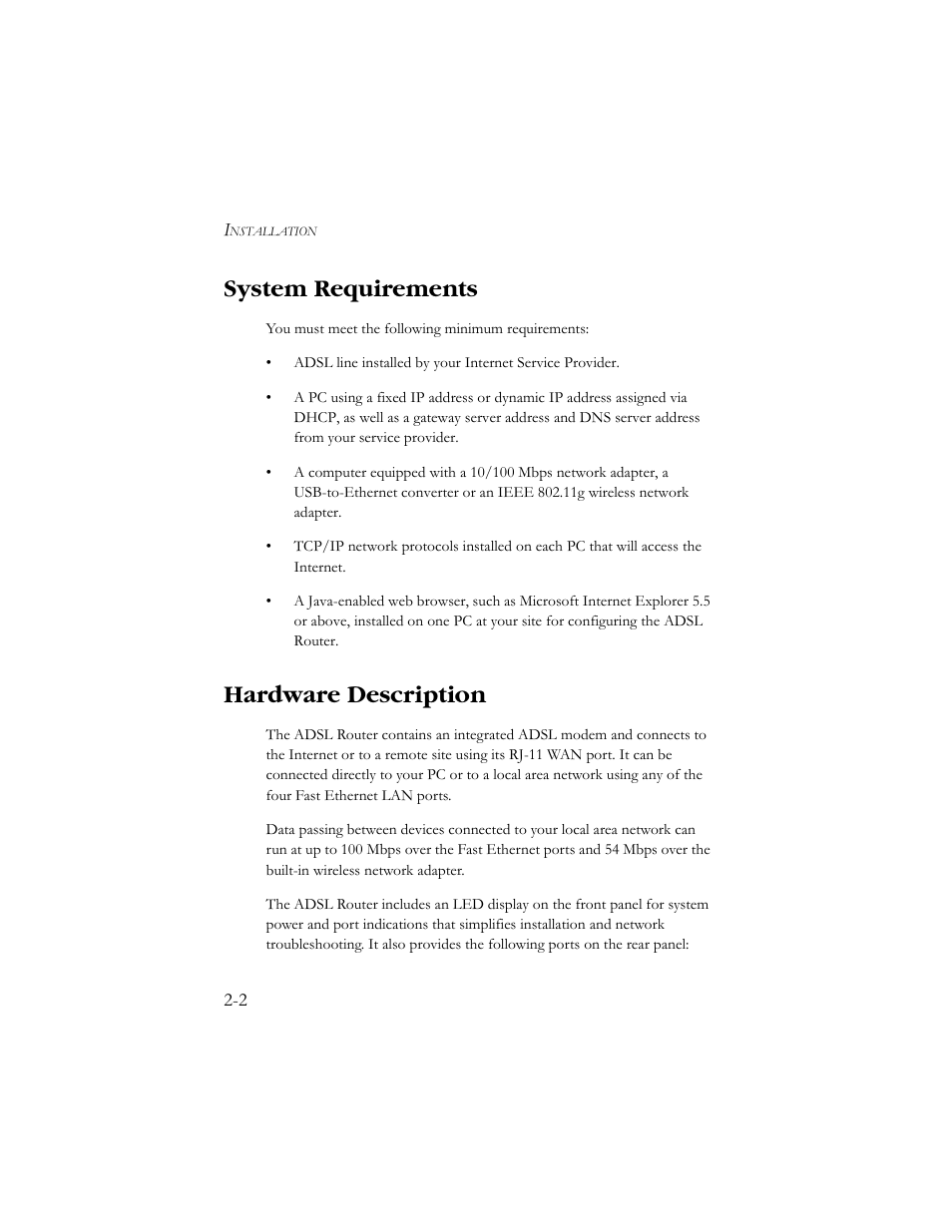 System requirements, Hardware description | SMC Networks AR4505GW User Manual | Page 12 / 116