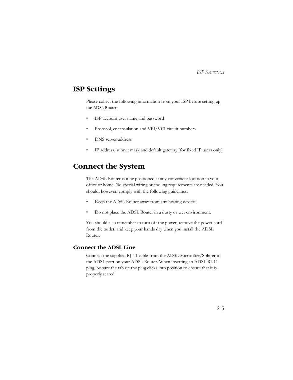 Isp settings, Connect the system, Connect the adsl line | SMC Networks AR4505GW User Manual | Page 15 / 116