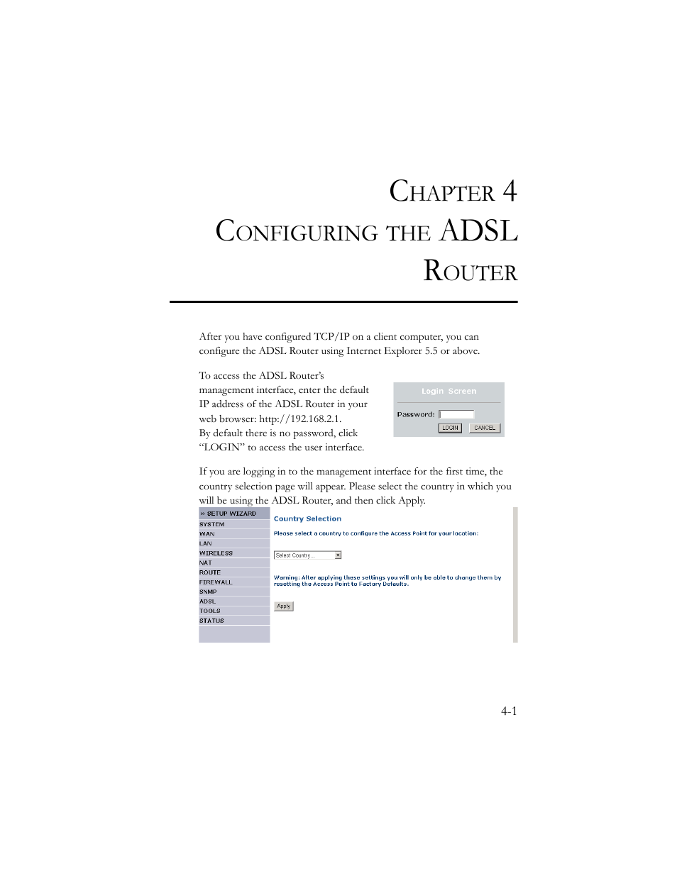 Chapter 4 configuring the adsl router, Adsl r | SMC Networks AR4505GW User Manual | Page 39 / 116